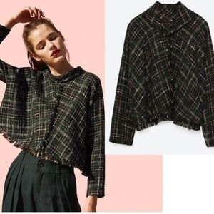Zara black green tweed fringe long sleeve high neck top Sz S